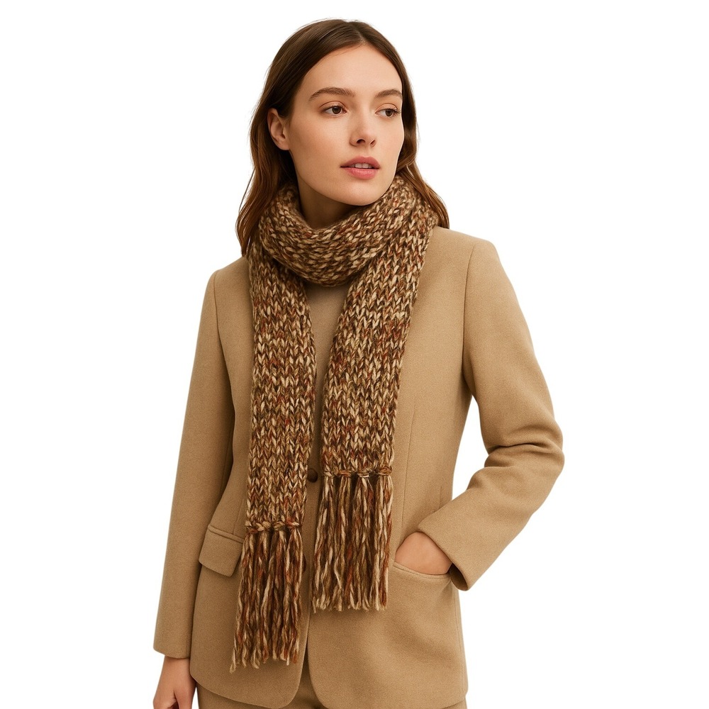 Italian Lambswool Blend Knit Scarf Brown Green Multicolor Fringe Cozy Winter
